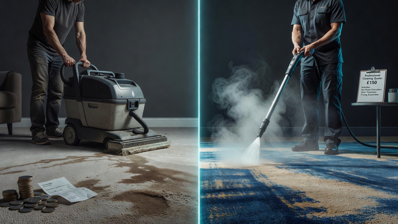 DIY carpet cleaning vs professional comparison - rental machine vs professional truck-mounted steam cleaner with results