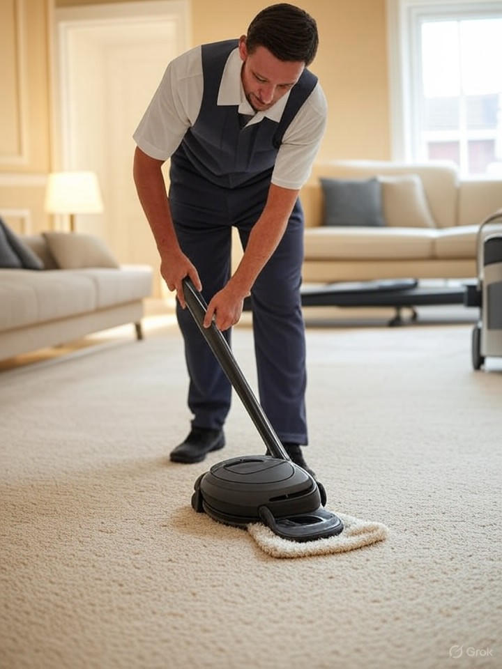 Professional carpet cleaning showing drying process with air movers and ventilation